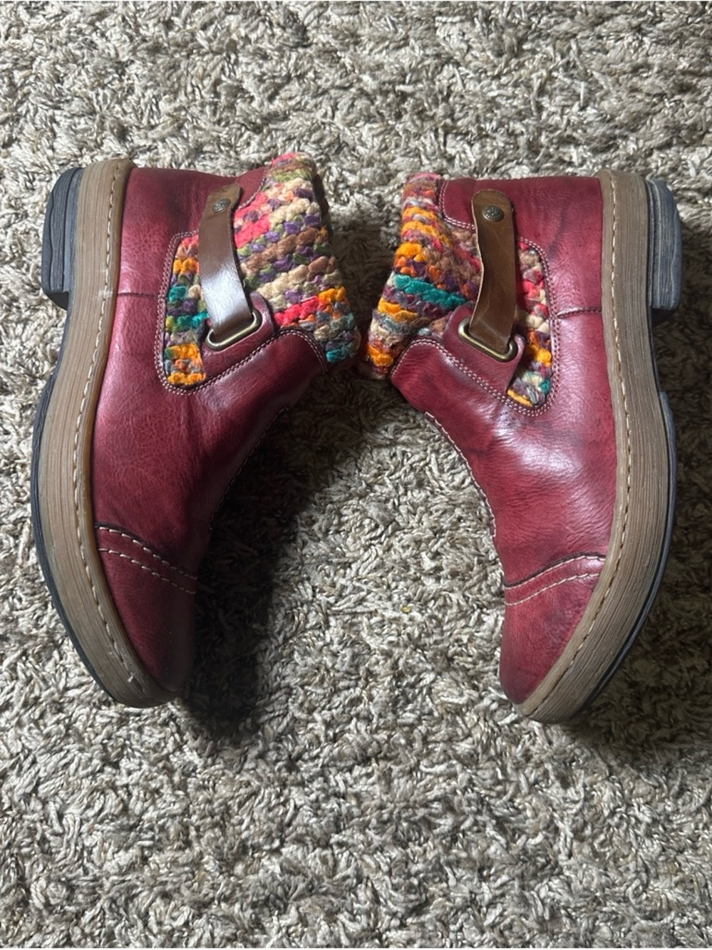 Rieker Women's Red Leather Ankle Boots with Multicolor Knit Collar size 7 - 7.5